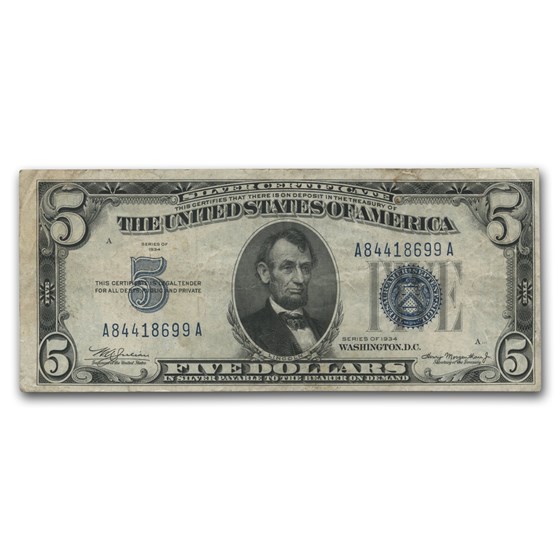 1934 $5.00 Silver Certificate Avg Circ VG/VF 1934 $5.00 Silver Certificate Avg Circ VG/VF